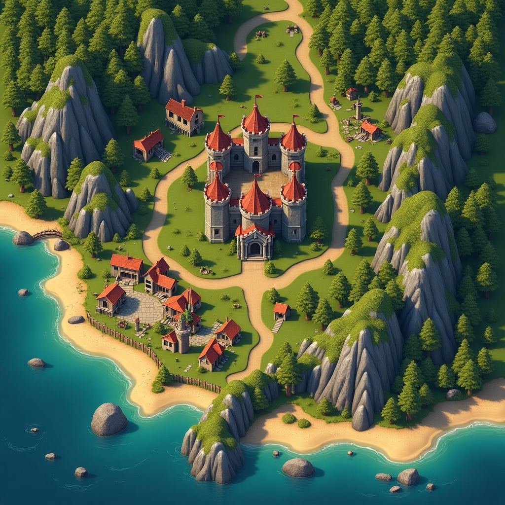 Top view game map featuring a central castle surrounded by landmarks. Various small buildings and a coastline are visible. Lush greenery and rocky cliffs frame the scene.