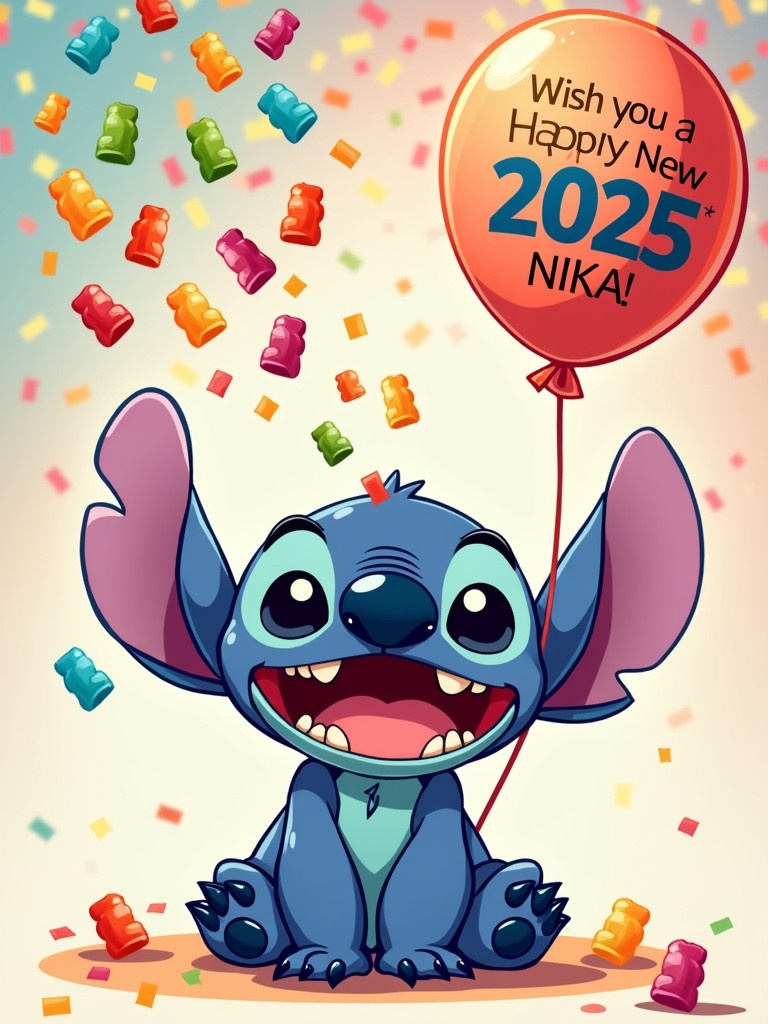 A cute blue alien character named Stitch has big ears. Stitch is smiling widely and sitting down. Stitch throws gummy bears with one hand. Stitch holds a balloon with a message wishing Happy New 2025 Year NIKA!