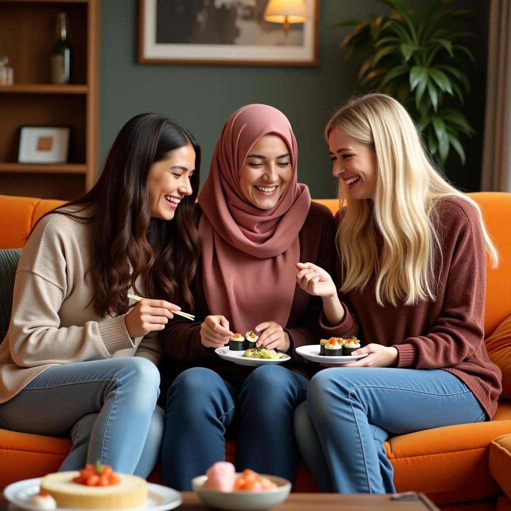 Three women enjoying sushi together on an orange couch. They are best friends laughing and sharing a meal. One woman has long brown hair, another wears a rose hijab, and the last has blond hair. The setting is cozy and inviting.