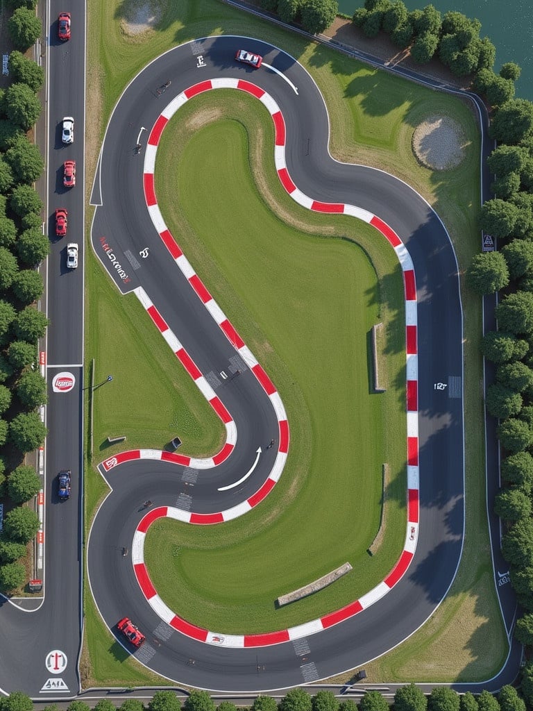 Racetrack features three main straights such as 2km main straight. Includes 1km straight 0.5km curved straight. Eighteen corners designed for anti-clockwise racing direction. Layout emphasizes straights and challenging curves suitable for competitive racing events. Image depicts detailed layout from an aerial view.