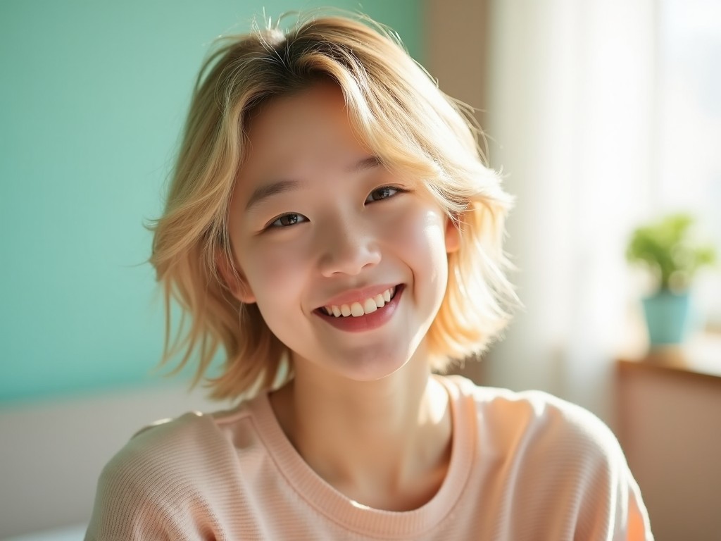 This image features a fresh-looking young Korean woman with blonde hair styled messily and slightly shorter than shoulder length. She has a warm and inviting smile that reflects positivity. The background is softly lit with natural light, enhancing her cheerful expression. The colors used are soft pastels, providing a light and airy feel to the image. This casual portrait is perfect for capturing a laid-back yet stylish vibe.