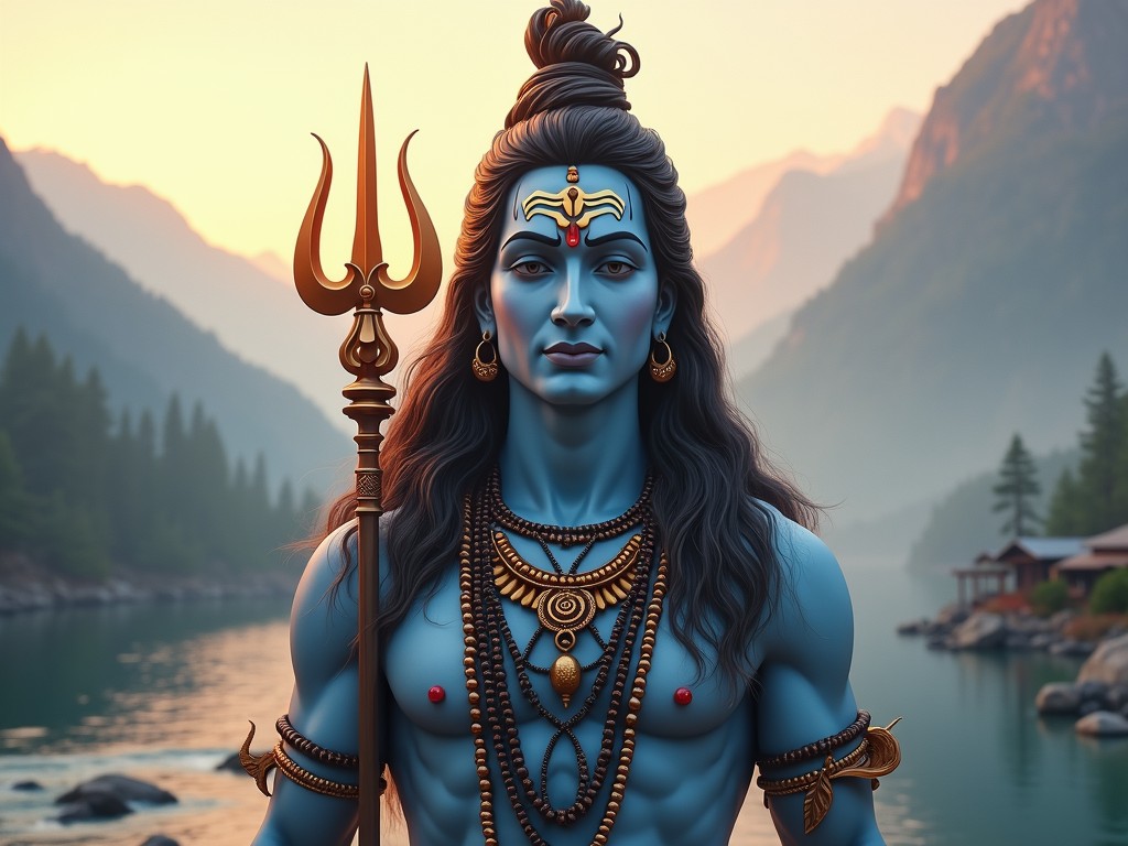 A striking digital illustration depicting a serene figure with blue skin, adorned in traditional ornaments, standing by a tranquil lake surrounded by mountains at dawn. The figure carries a trident, symbolizing power and divinity, while the soft lighting enhances the calm and majestic atmosphere.