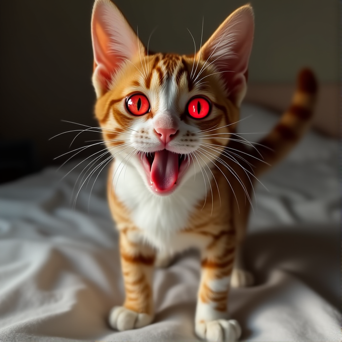 A playful orange and white cat with striking red eyes is on a white bed.