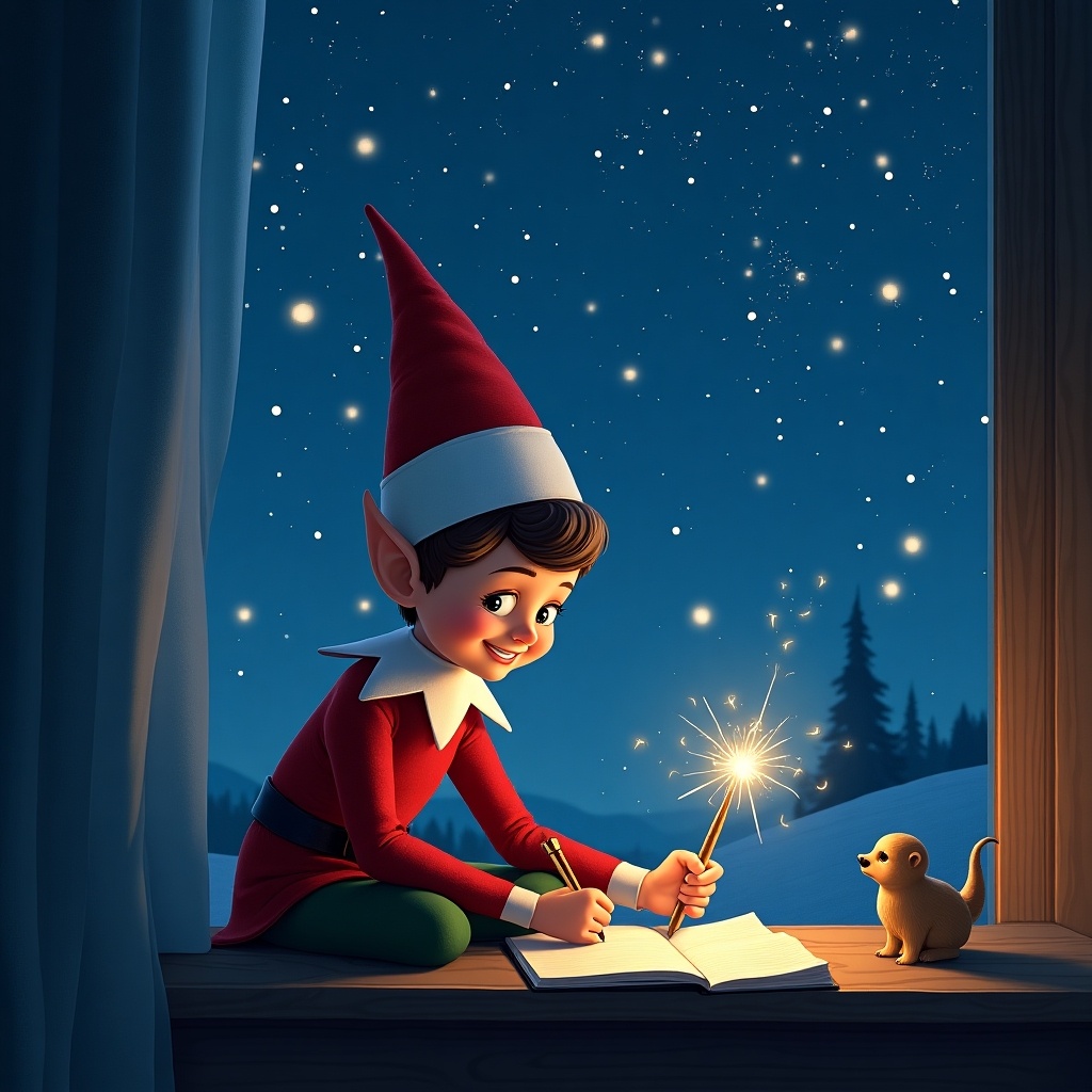 An elf in a red outfit, complete with a pointy hat, sits at a window under a starry night sky. He is joyfully writing in a book, using a sparkler as a magic wand. Beside him is a small, curious dog, also watching the sparkler's glow. The landscape outside shows a snowy scene, adding to the wintery atmosphere. The elf's expression is one of delight and concentration as he creates magical entries in his book.