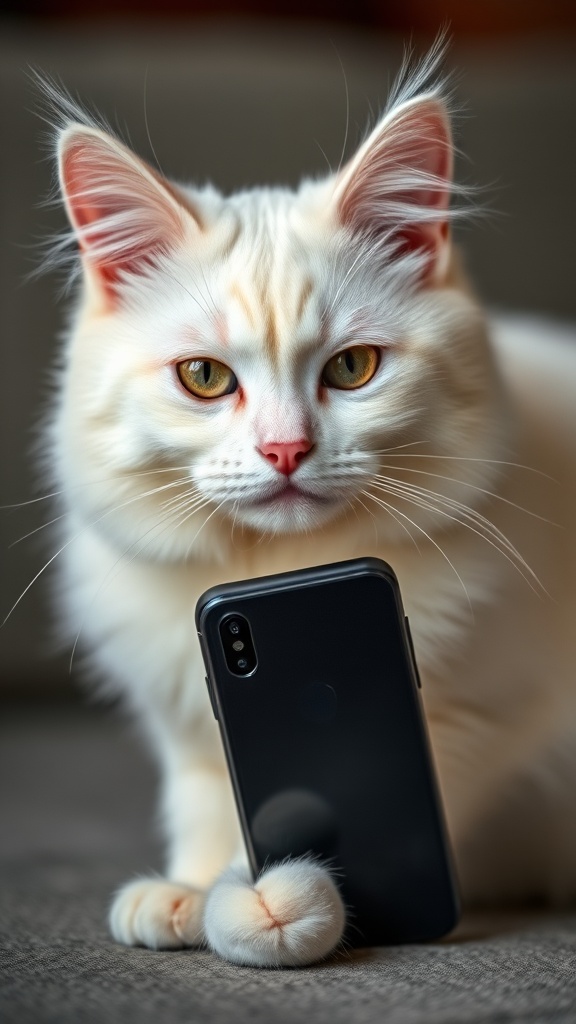 A fluffy white cat curiously interacts with a smartphone.