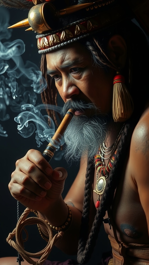 A man with tribal jewelry is deep in thought, smoking a pipe amidst swirls of smoke.