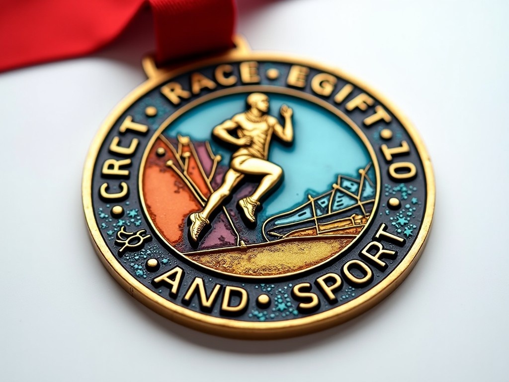 This image features a detailed close-up of a running medal. The medal has a distinct and original border. It showcases an athlete in motion, symbolizing endurance and victory. The colors include vibrant shades of red, gold, and blue, enhancing the visual appeal. The overall design emphasizes achievements in sports, making it suitable for various recognition events.