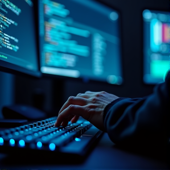 A person is typing on a keyboard in a dimly lit room, with multiple monitors displaying code and data charts, creating an atmosphere of focused concentration and digital immersion.