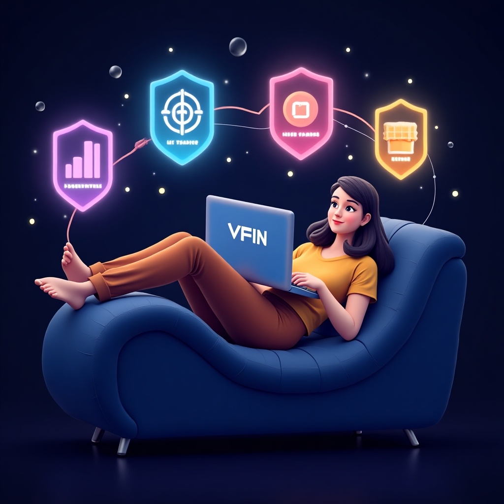 A relaxed person lounges comfortably on a stylish blue sofa while using a sleek laptop that displays the VFIN logo. They appear engaged and at ease, surrounded by glowing icons that represent innovative financial technology. There are shields labeled 'Cold Storage,' 'AI Trading,' and 'User Rewards' floating around them, creating an atmosphere of modern tech comfort. The background is dark, emphasizing the glowing elements, adding a futuristic touch to the scene. This captures the blend of relaxation and advanced technology in everyday life.