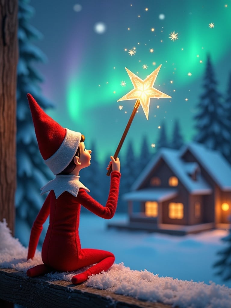 An elf on the shelf sits on a snowy ledge. The elf holds a glowing star wand. The elf gazes at northern lights in the sky. A cozy house is visible in the background. The scene reflects the magic of Christmas.