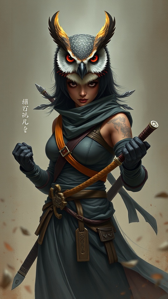 This captivating illustration features a mysterious warrior woman adorned with an owl headdress, giving her an aura of mysticism and power. She grips a sword, ready for battle, her gaze intense and focused. The soft lighting and earthy tones add depth and drama to the image, creating a visually striking scene.