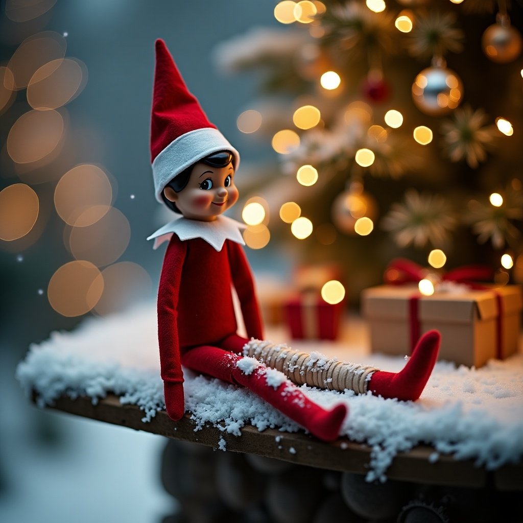 An elf on the shelf has a broken leg with a cast on in the north pole surrounded by snow and twinkly lights.