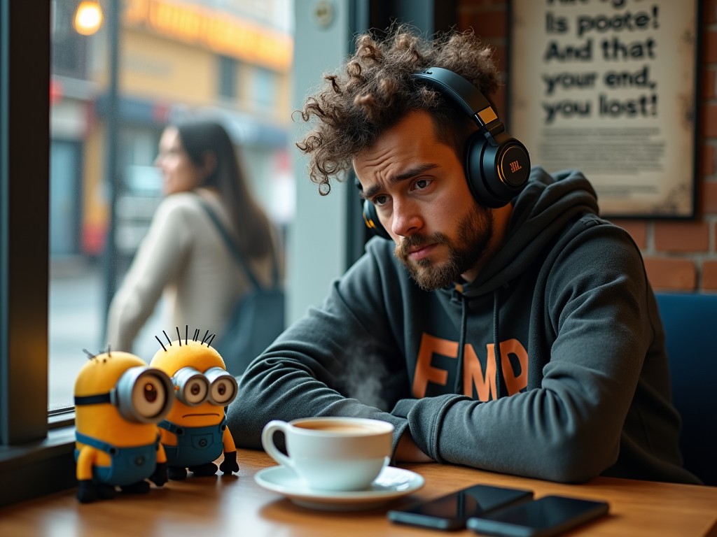 A man with curly hair and a beard sitting in a cafe by the window, wearing headphones. He is looking pensively at two Minion toys on the table beside a steaming cup of coffee and a smartphone. The cafe interior is warm, with a blurred figure visible outside the window.