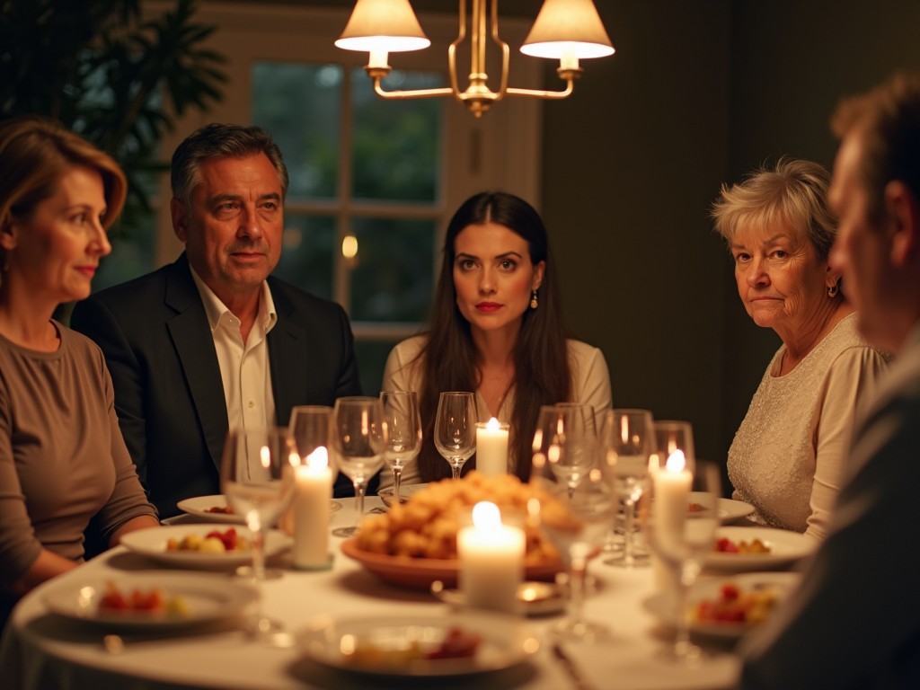 The image portrays a group of five individuals seated around a round dinner table. The setting is intimate, illuminated by soft candlelight and a warm pendant light above. Each individual showcases a distinct expression, suggesting a deeper narrative at play. The table is elegantly set with white plates and crystal glassware, enhancing the sophisticated atmosphere. Placed centrally is a platter of food, inviting attention and engagement. This gathering appears to reflect themes of connection, discussion, and possibly underlying tension among the participants.