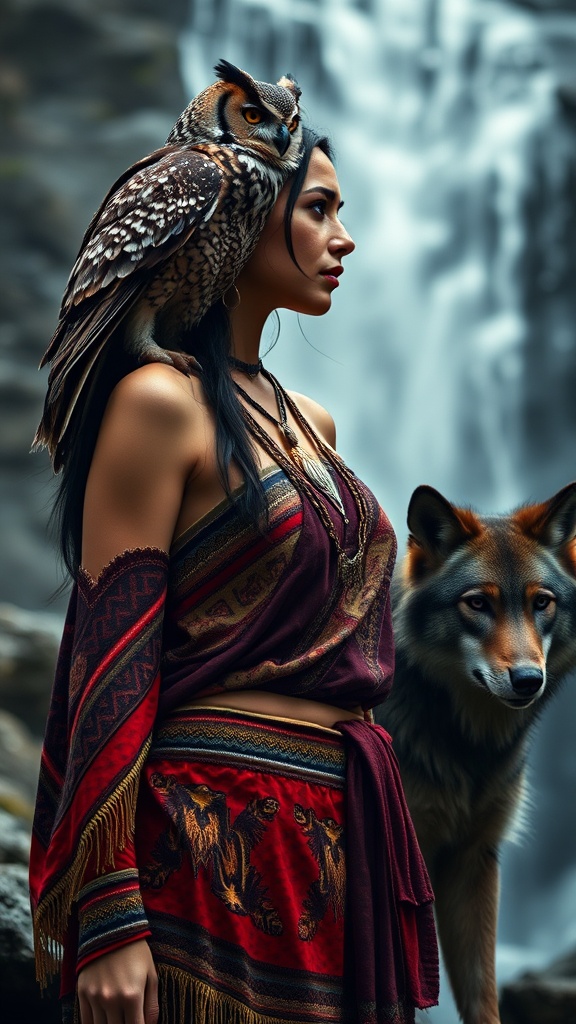 A woman stands gracefully with an owl perched on her shoulder and a wolf beside her, set against a waterfall backdrop.