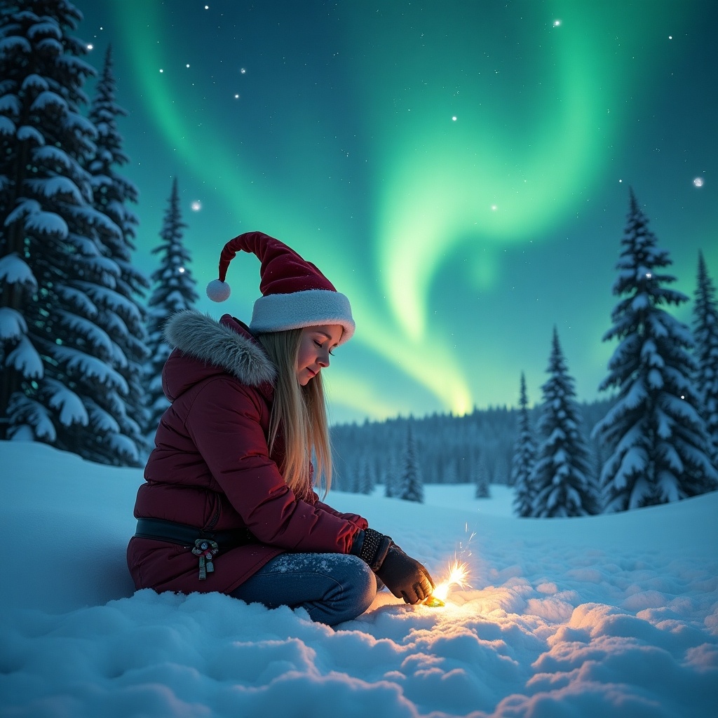 An elf in winter attire sits on snow and writes in the snow. The sky above is filled with vibrant northern lights creating a magical atmosphere. The elf wears a Christmas hat and enjoys a snowy landscape.