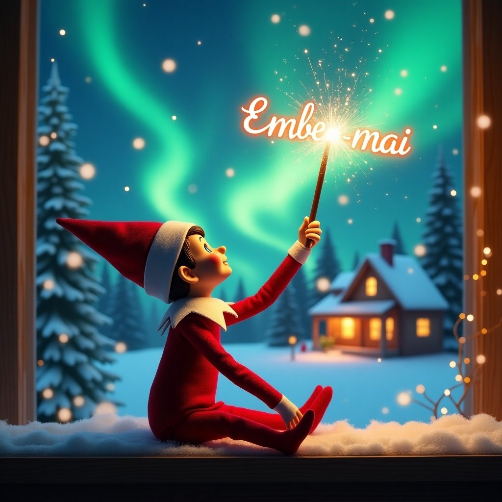 An elf on the shelf gazes upward while holding a glowing wand. The background features colorful northern lights and a cozy holiday-decorated house. Snow blankets the ground, contributing to the winter scene. The elf embodies Christmas magic and cheer as it writes the name Ember-mai using the wand.