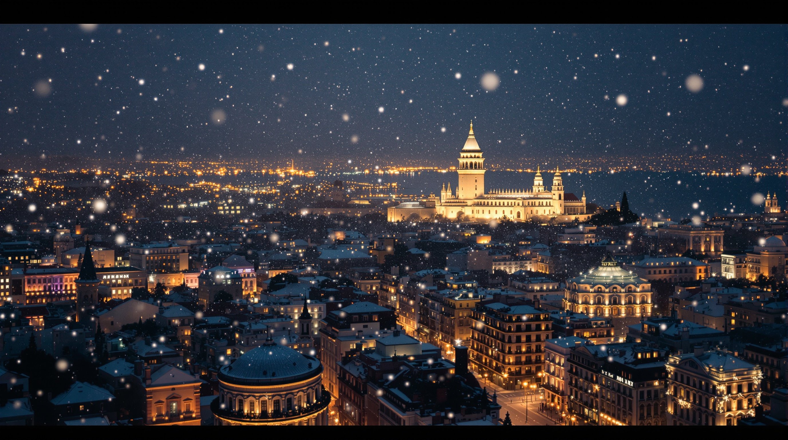 Cinematic aerial view of a snowy cityscape at night featuring Torre de Belém. Snowfall creates a magical atmosphere with twinkling lights. Shot on Arriflex Alexa. Ultrarealistic representation.