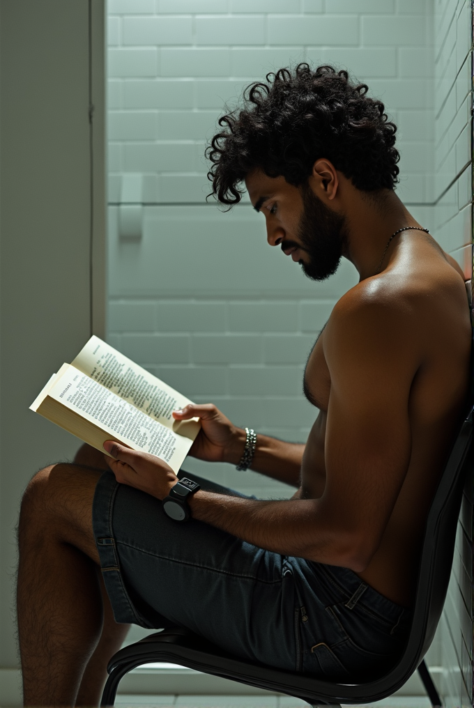 A man with curly hair and a beard is sitting shirtless, reading a book in a minimalist tiled room.