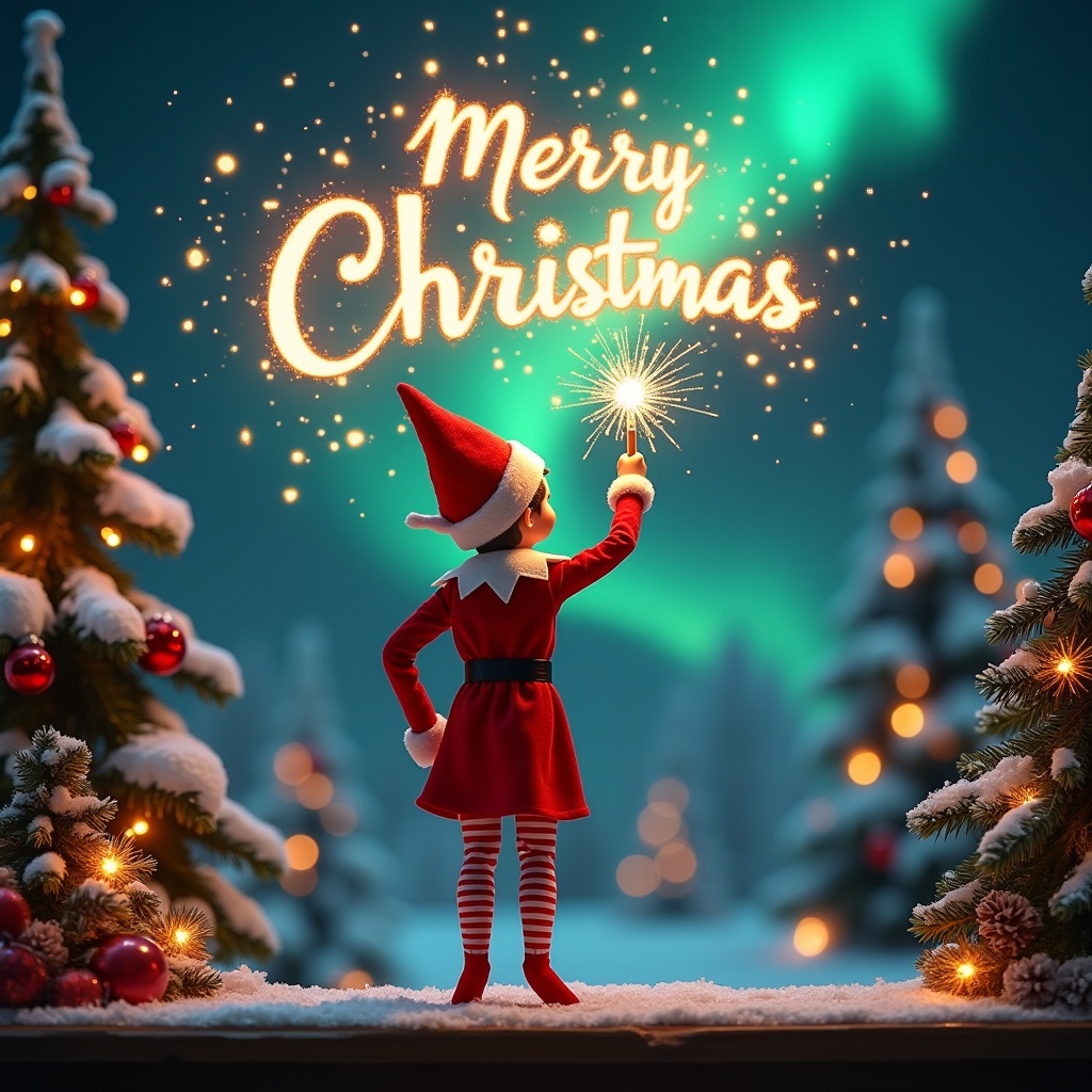 Enchanting Christmas scene features elf on the shelf. Elf faces sky with back to viewer. Dressed in red and white. Wields magic wand. Writes 'Merry Christmas Isabella' in sparkler script. Vibrant northern lights backdrop. Magical ambiance. Sense of wonder and excitement. Captures joy of holiday season.