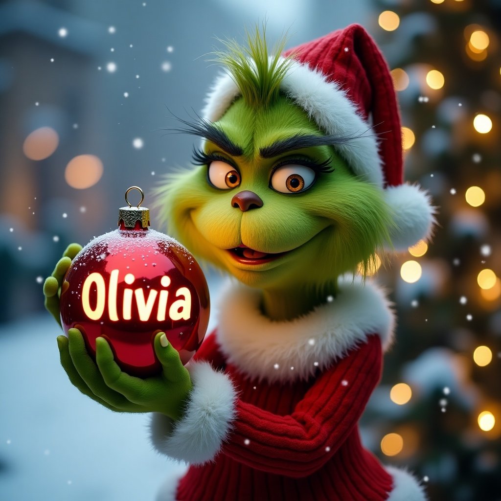 Grinch character holding a Christmas bauble. Bauble has name Olivia. Snowy background. Christmas lights are visible.