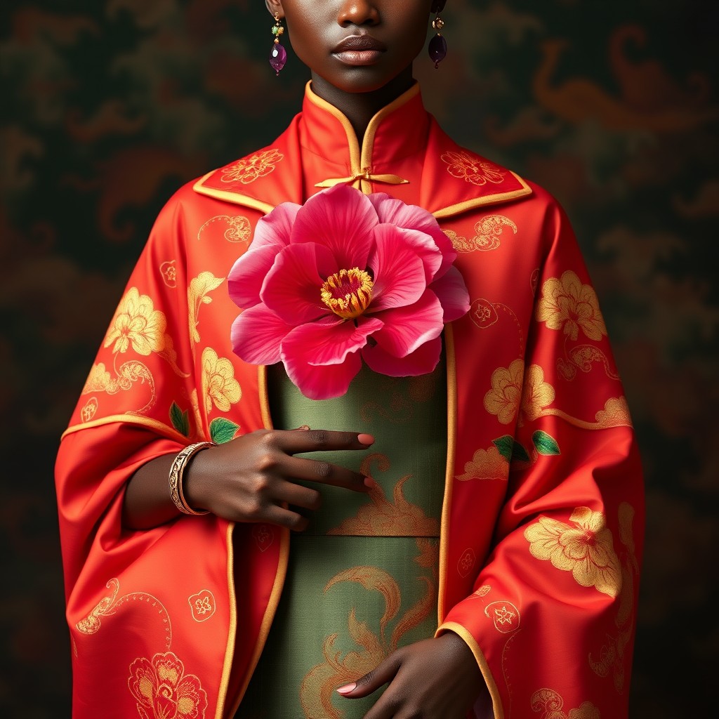 A person wearing a red and gold floral robe, holding a vibrant pink flower against a patterned backdrop.