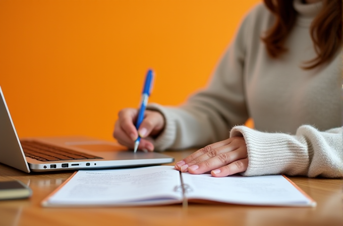 A person is writing in a notebook with a laptop nearby, against an orange background.