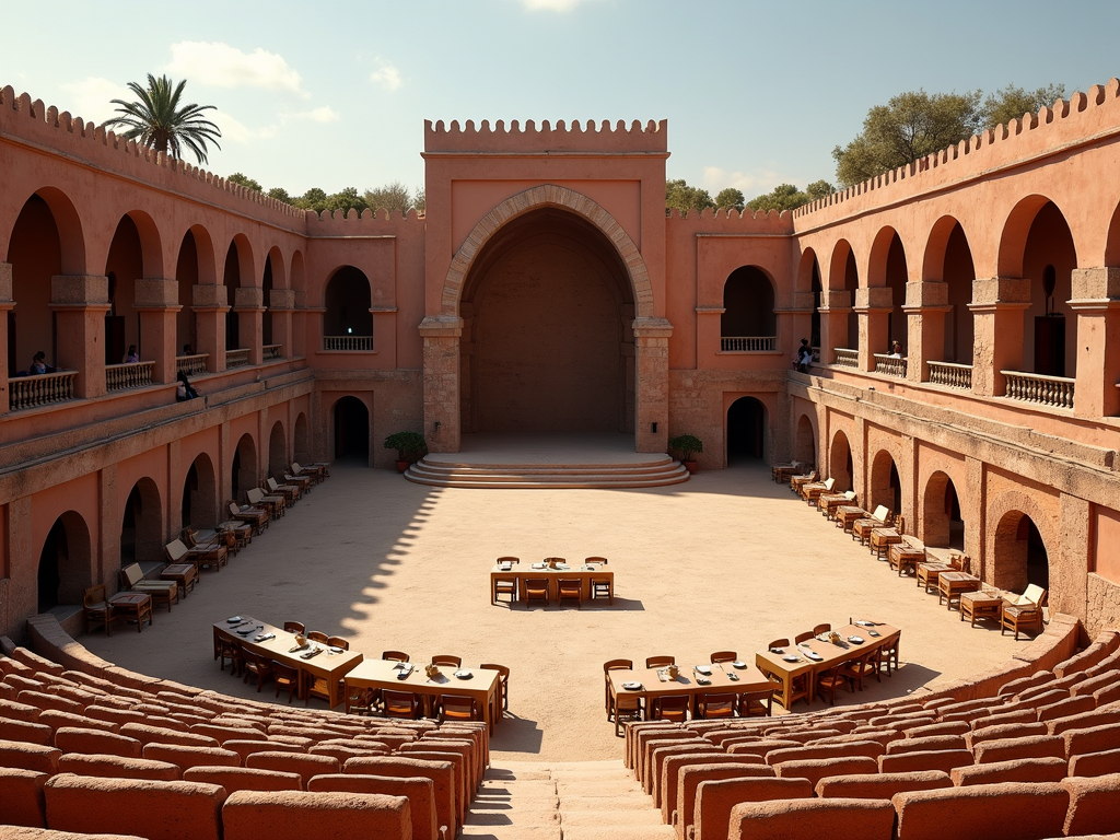 An elegant semi-circular courtyard with terracotta arches and tiered seating, featuring tables arranged for an event under a clear blue sky.