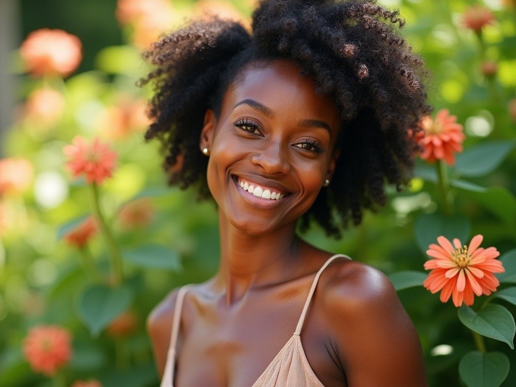 Portrait of a smiling woman in a garden with flowers