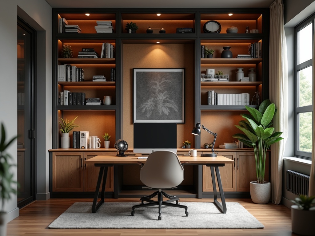 High-definition image of a stylish home study. It features a professional workspace with advanced technology. Organized shelves display books and decorative items. Textures of wood and metal are hyper-detailed. Lighting is realistic and inviting.