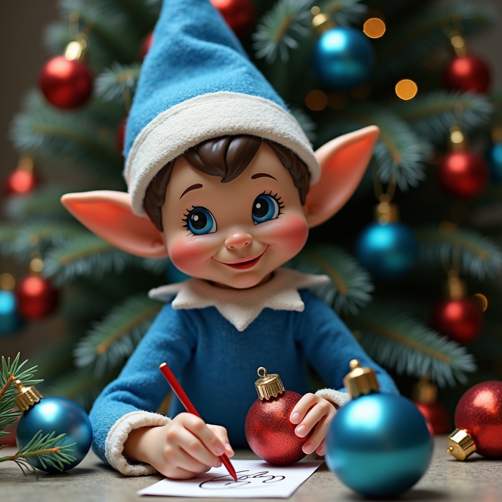 In a cozy holiday setting, a cheerful Christmas elf dressed in blue is happily writing names on colorful baubles. The elf has big, bright eyes and a warm smile, and is adorned with festive attire. Around the elf, there are shiny red and blue ornaments, and a beautifully decorated Christmas tree in the background. The atmosphere is filled with warmth and holiday spirit, complemented by soft lighting that adds a magical feel. This scene captures the essence of Christmas creativity and joy for children, making it perfect for festive illustrations or holiday promotions.