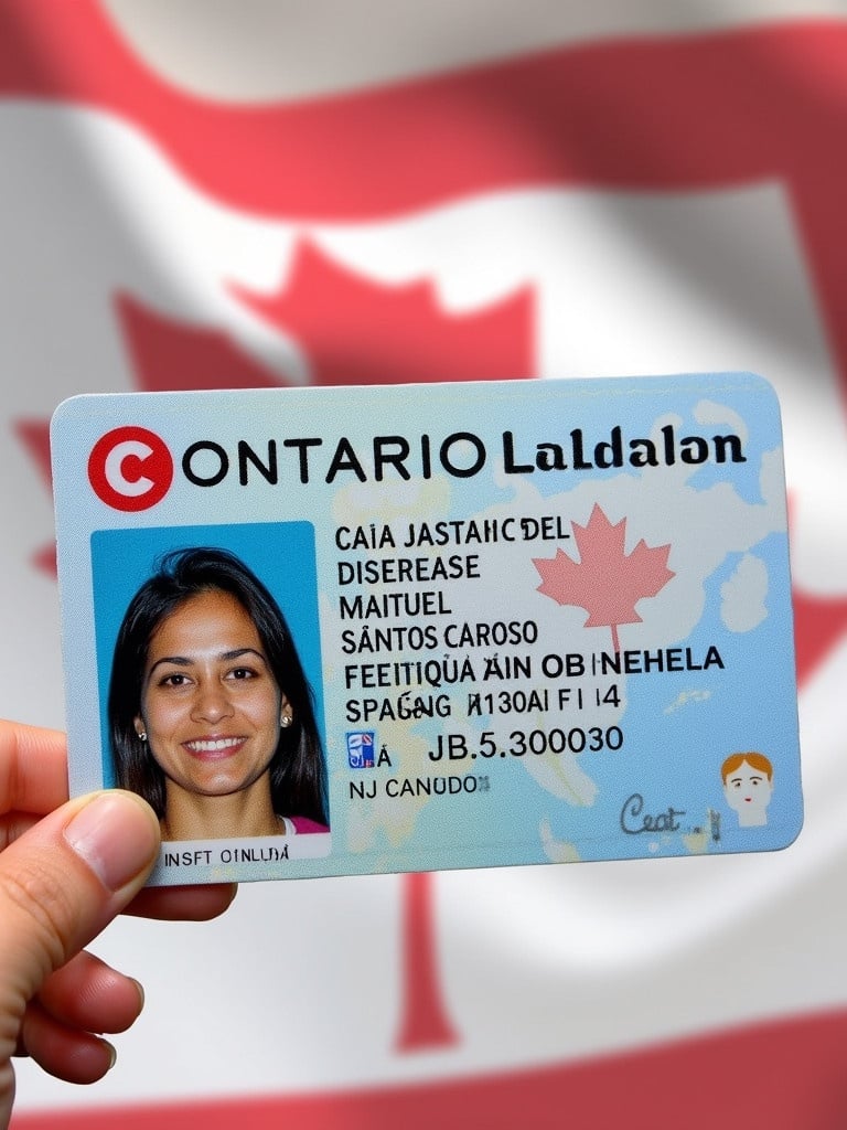 A driver's license issued in Ontario, Canada. The name Caio Santos Cardoso appears at the top. The card displays identification details and a unique license number. The background shows the Canadian national flag. The design follows typical ID card specifications. The composition reflects standard identification aesthetics.