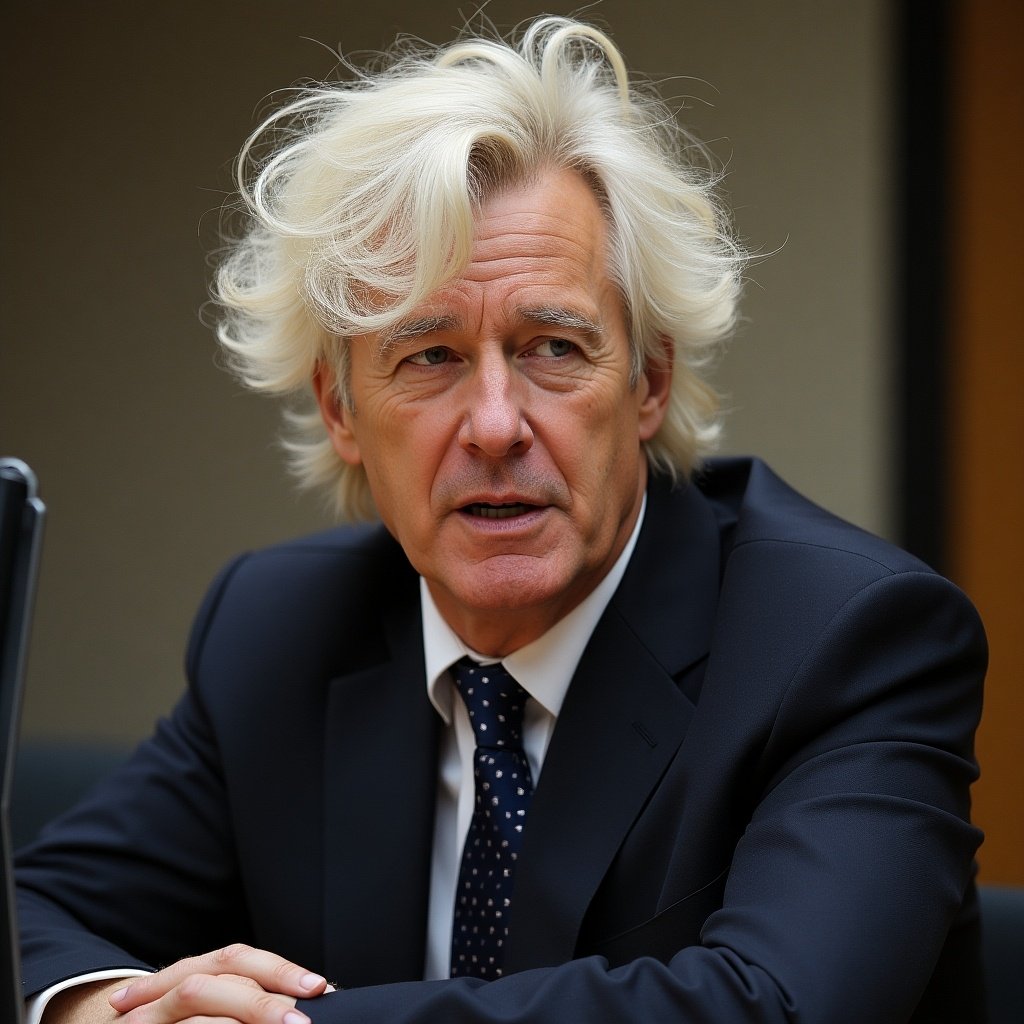 The image shows a distinguished man with voluminous, tousled white hair and a serious expression. He is dressed in a sleek black suit with a white shirt and a navy tie. The background is subtly blurred to keep the focus on him. He seems engaged in a discussion, possibly conveying important information. His posture is composed, indicating authority and professionalism. The lighting emphasizes his facial features, portraying a sense of confidence and experience.