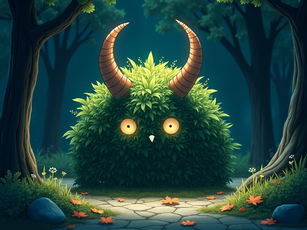 In a nighttime setting illuminated by soft light, focus on a bush that subtly resembles the face outline of a figure with horns. The creature's features blend seamlessly with the foliage, capturing an ethereal presence. Create this figure in a highly detailed Studio Ghibli style, emphasizing whimsical elements like large expressive eyes and intricate textures on the horns and leaves. The surrounding area is filled with fallen leaves and shadows that enhance the magical atmosphere. Use vibrant colors to bring this enchanting scene to life, maintaining a sense of mystery and wonder.