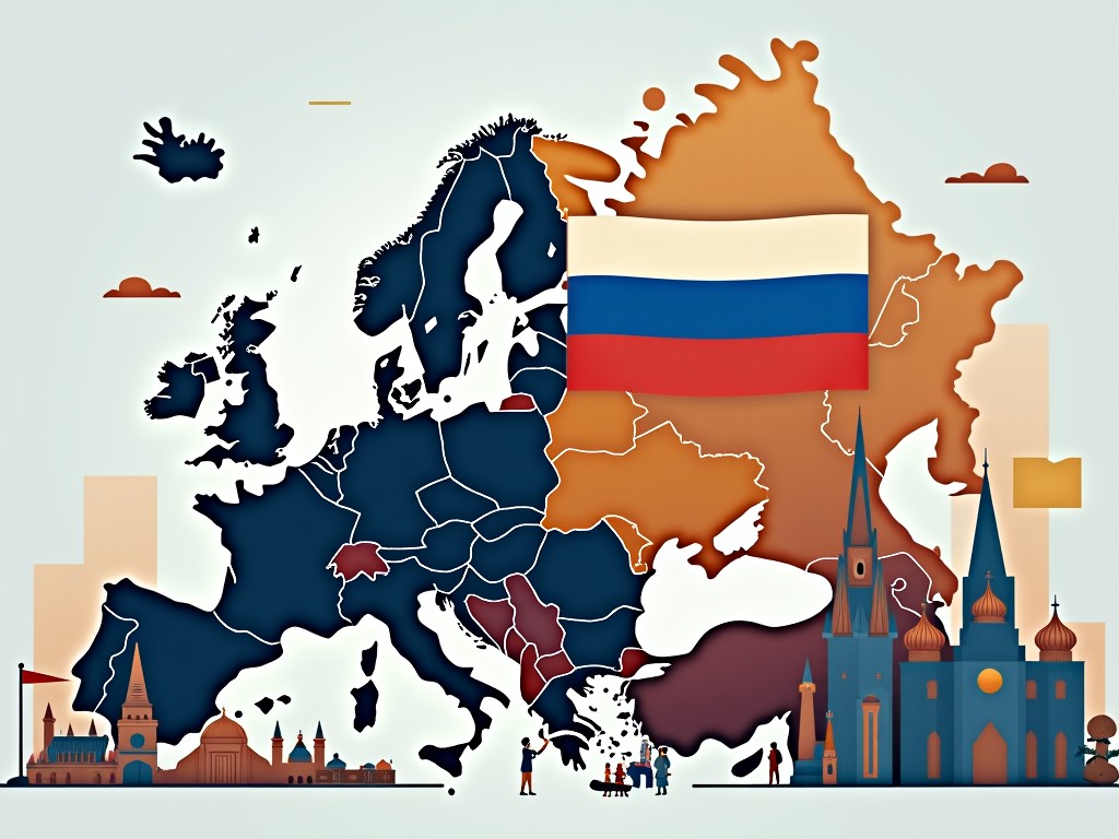 This illustration depicts a map of Europe with a focus on Russia and the European Union. The map highlights the borders and key features of both regions, using a creative color palette. Icons and buildings representing prominent European landmarks are integrated into the design. The European Union flag is shown, contrasting with the Russian flag. This imagery is intended to visually communicate the benefits of being associated with the European Union rather than Russia, emphasizing cooperation and development.