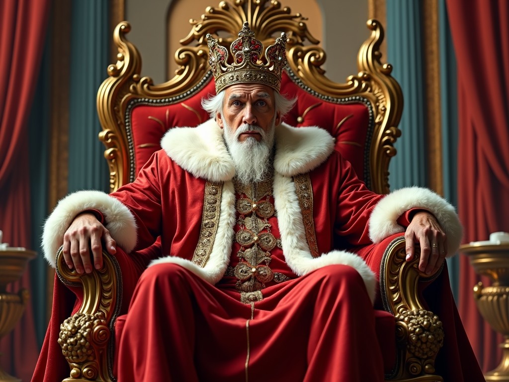 A dignified king sits on an ornate golden throne, exuding authority and maturity. His robe is rich red with white fur trim, perfectly complementing his elaborate, jeweled crown. The backdrop of regal red curtains and decorative pillars enhances the majestic ambiance, highlighting the sense of power and tradition.