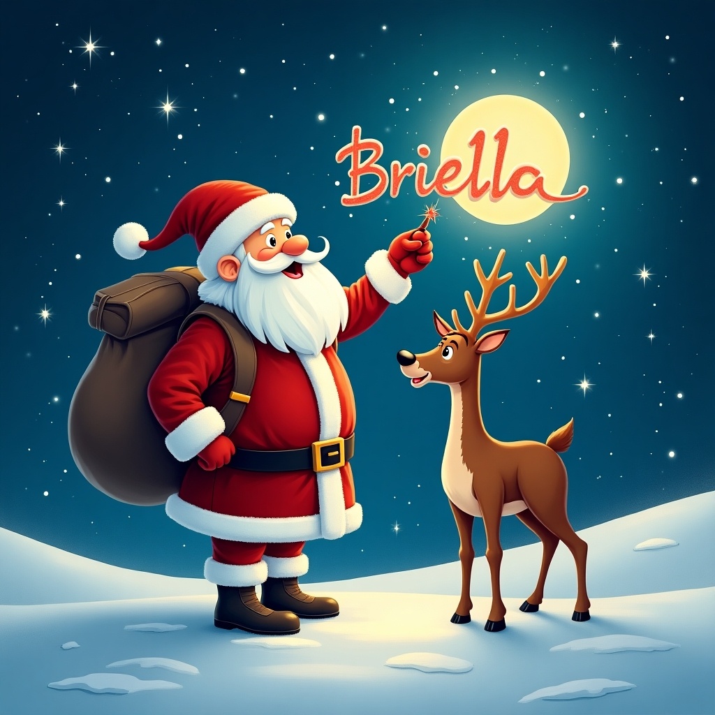 Santa standing in the snow at night. Stars shining and a glowing moon overhead. Santa using a wand to write Briella in the air. A reindeer is next to him.