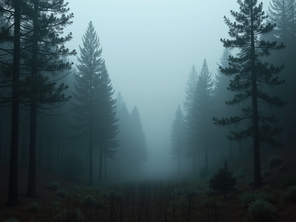 Tall trees stand in a dense, foggy forest, creating a mysterious and serene atmosphere.