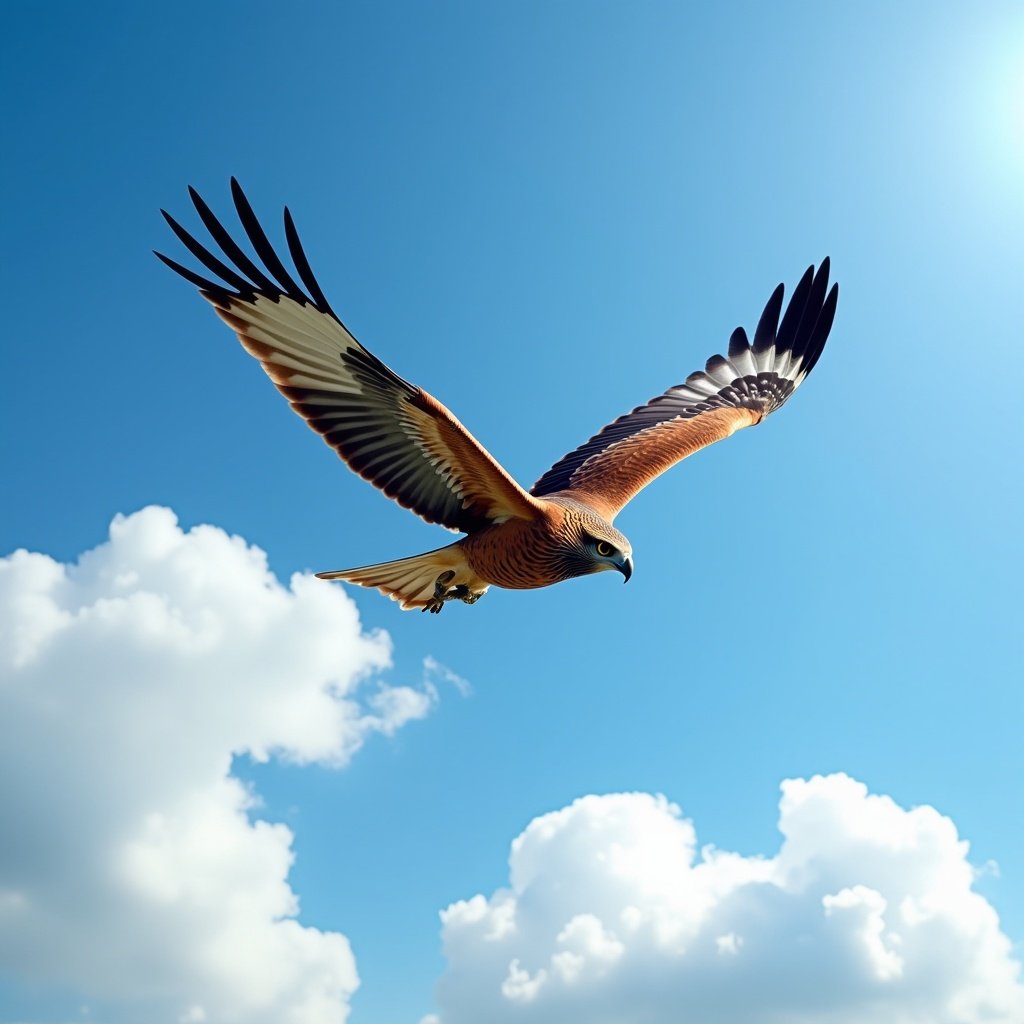 A majestic hawk flies high in the bright blue sky. Its wings are fully spread showcasing its powerful feathers. Sunlight glimmers on its body highlighting its sharp beak and keen eyes. Fluffy white clouds drift beneath the hawk adding contrast to the scene.