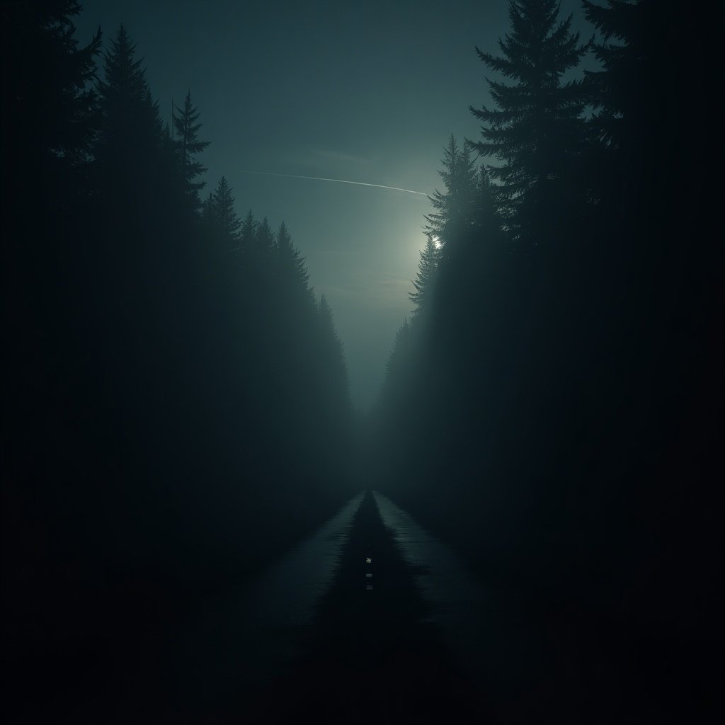 Dark, dreamy, moody scene at night with an empty road. Soft light in the background. Tall trees on either side creating a narrow passage. Misty atmosphere creates a sense of mystery.