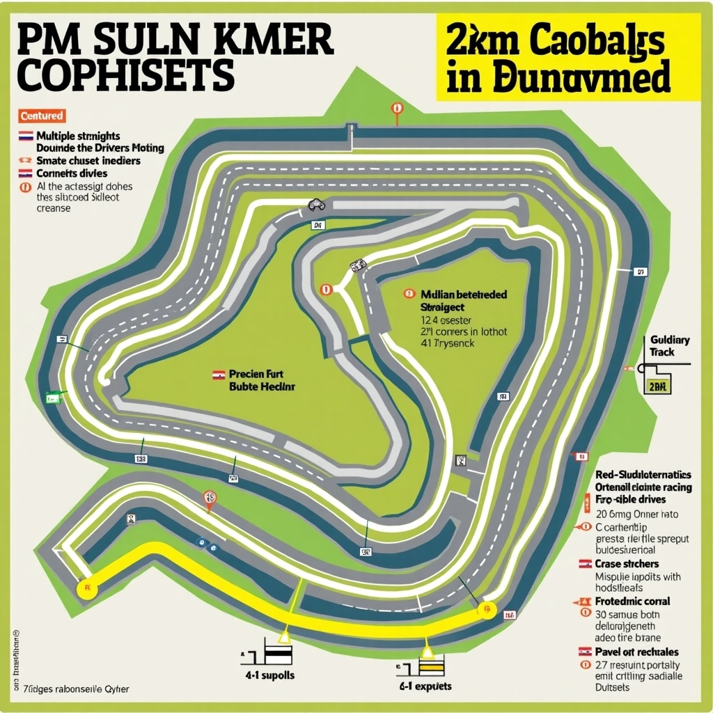 Race track layout displaying intricate design. Features multiple straights and corners. Designed for anti-clockwise racing. Vibrant colors indicating track segments. Suitable for various racing events.