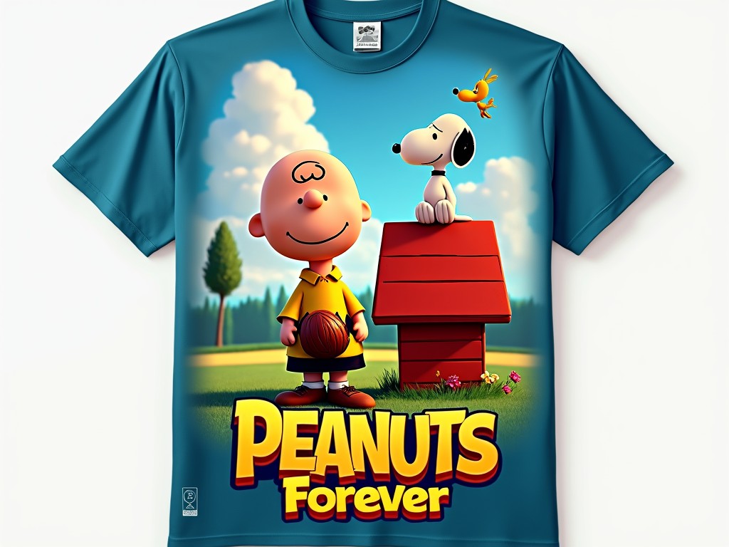 This t-shirt design features classic characters from the 'Peanuts' comic strip. The vibrant illustration shows a happy scene with a character holding a basketball, while another sits perched atop a red doghouse, under a bright blue sky with fluffy clouds. The foreground is adorned with lively grass and flowers, emphasizing a cheerful, nostalgic vibe.