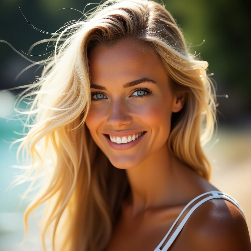 Stunning woman with flowing golden blonde hair cascading down shoulders. Hair catches light, creating halo effect. Striking blue eyes sparkle with warmth and intelligence. Skin is radiant with sun-kissed glow. Bright smile.