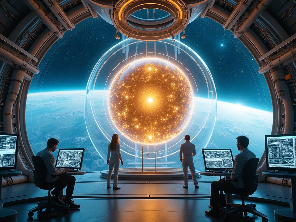 Futuristic orbital laboratory. Soft blue light fills the room. Centered around Solaris engine. Golden sphere in transparent containment field. Pulsating with energy patterns. Scientists in high-tech uniforms. Monitoring holographic screens. Complex energy readings displayed. Advanced machinery surrounds the engine. Earth visible through window. Scene evokes scientific breakthrough and ambition.