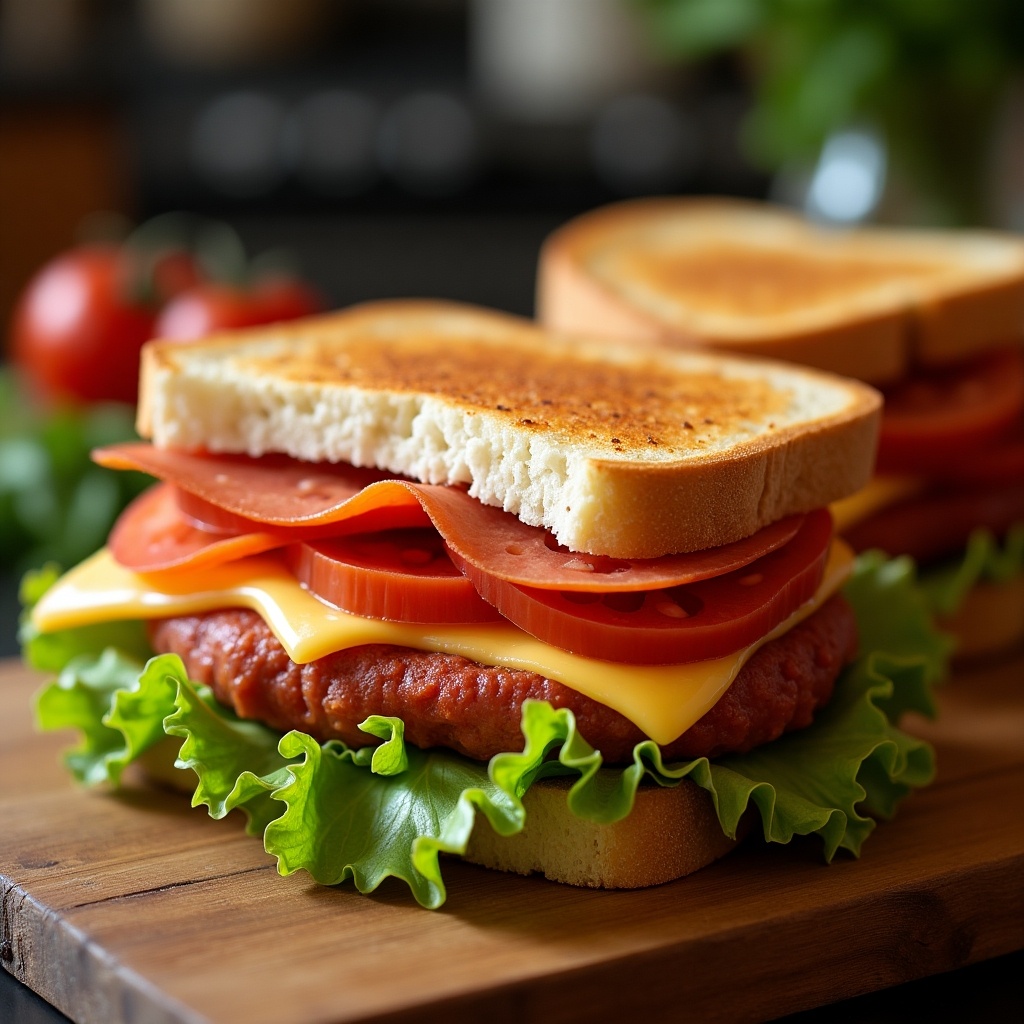 This image features a delicious sandwich loaded with layers of pepperoni, cheese, and fresh vegetables. The base is a toasted slice of bread, which adds a golden brown crunch to the meal. Crisp iceberg lettuce and juicy tomato slices create a colorful presentation. The sandwich is served on a wooden board, giving it a rustic feel. Everything looks appetizing and ready to be enjoyed, inviting the viewer to take a bite.