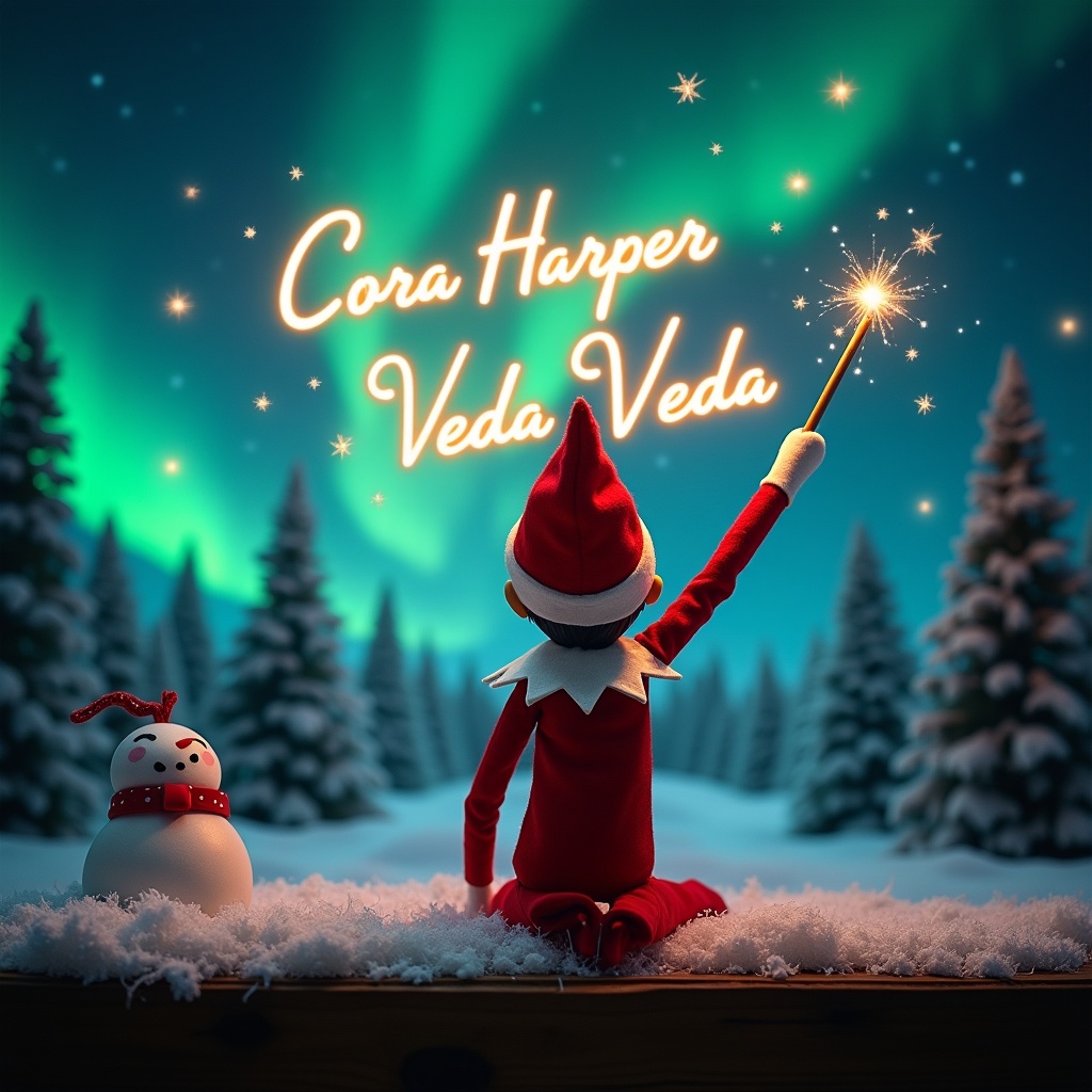 An enchanting Christmas scene showcases an elf on the shelf facing the sky with his back to the viewer. Dressed in red and white, the elf wields a magic wand, glowing with letters spelling 'Cora', 'Harper', and 'Veda'. The backdrop features vibrant northern lights, enhancing the magical atmosphere. The setting is festive and whimsical, evoking the spirit of Christmas. The elf's enchanting position and action instill a sense of wonder, capturing the joy of the holiday season.