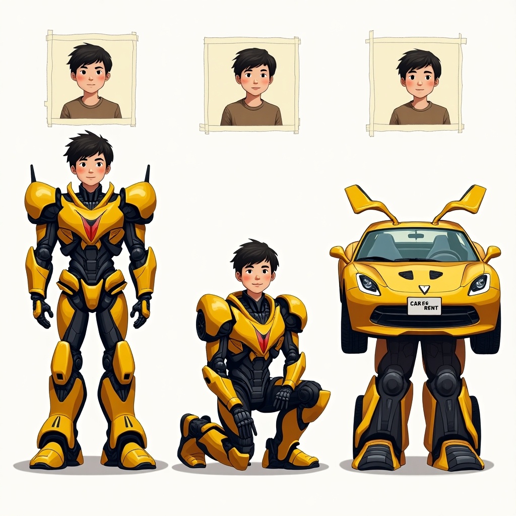 The image shows three distinct parts depicting a young teenage male in a transformation theme. On the left, the boy is dressed in bulky Bumblebee armor, standing tall to showcase its details. In the middle section, the boy is kneeling on all fours, halfway transformed, with elements of armor and car visible. The right section displays the boy fully transformed into a Bumblebee sports car, with a 'Car for Rent' plate. Above each part, there are large face photos of the boy, reflecting his expressions corresponding to his transformation stages. The image illustrates a young teenage boy in various stages of transformation.