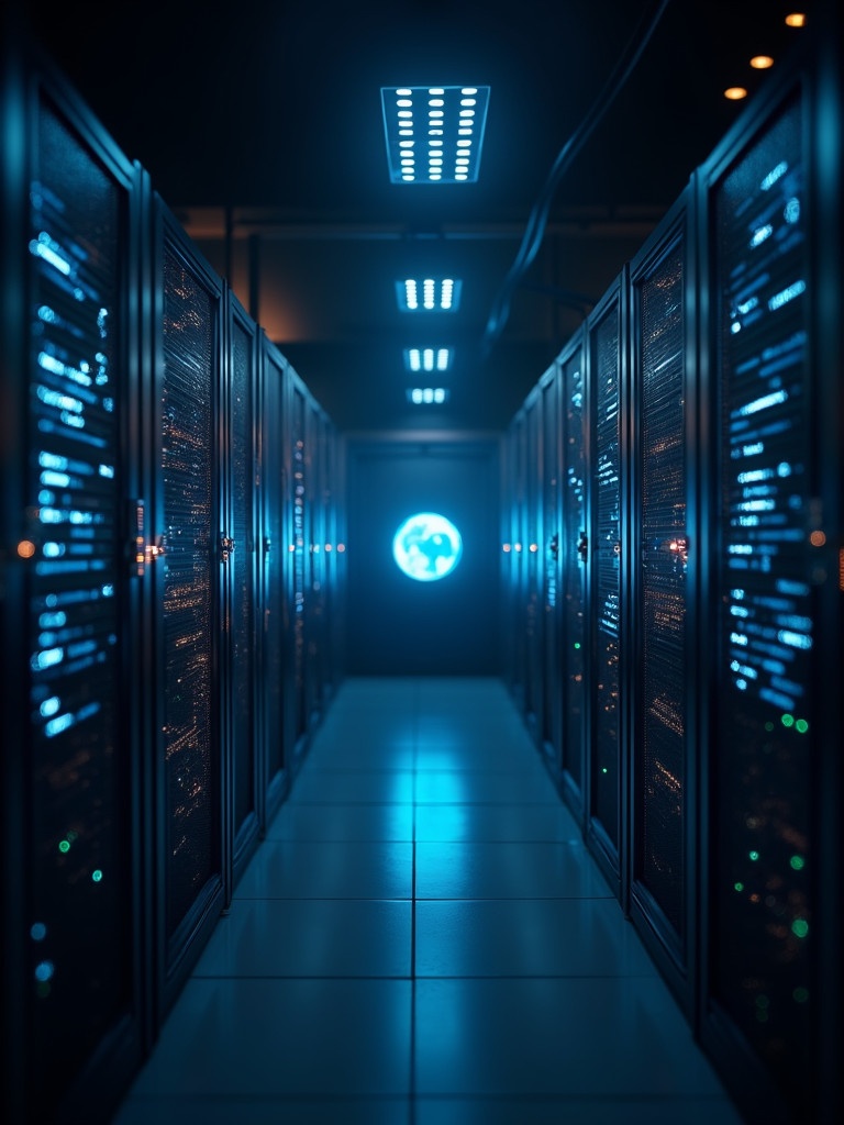 Image showing a transformation of data and information into books and servers. A dimly lit room with multiple computer and server lights. A corridor filled with servers leading to a glowing globe.