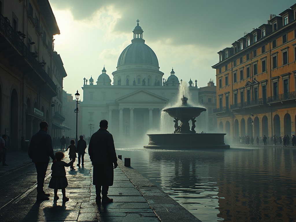 The image captures a serene urban scene featuring a majestic fountain at the center of a square. Silhouettes of people are seen walking leisurely, including a small child holding an adult's hand. The backdrop showcases grand architectural structures with a dome. A soft mist envelops the area, adding to the tranquil atmosphere. The lighting is softly diffused, enhancing the mood. Water reflects the surroundings, showcasing a calm vibe that is inviting for evening strolls. This captures both a sense of togetherness and the beauty of historical architecture.