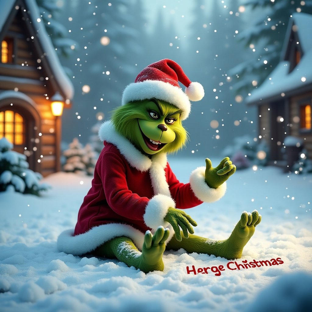 In a snowy landscape, the Grinch sits on the ground in a Christmas outfit writing in the snow. Snowflakes cascade around him. Cozy cottages with warm lights surround him. This captures creativity and holiday spirit.